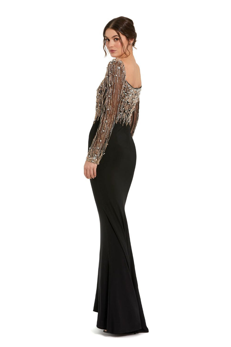 2256-Beaded Square Neck Long Sleeve Jersey Gown by Mac Duggal in black color for women in Singapore