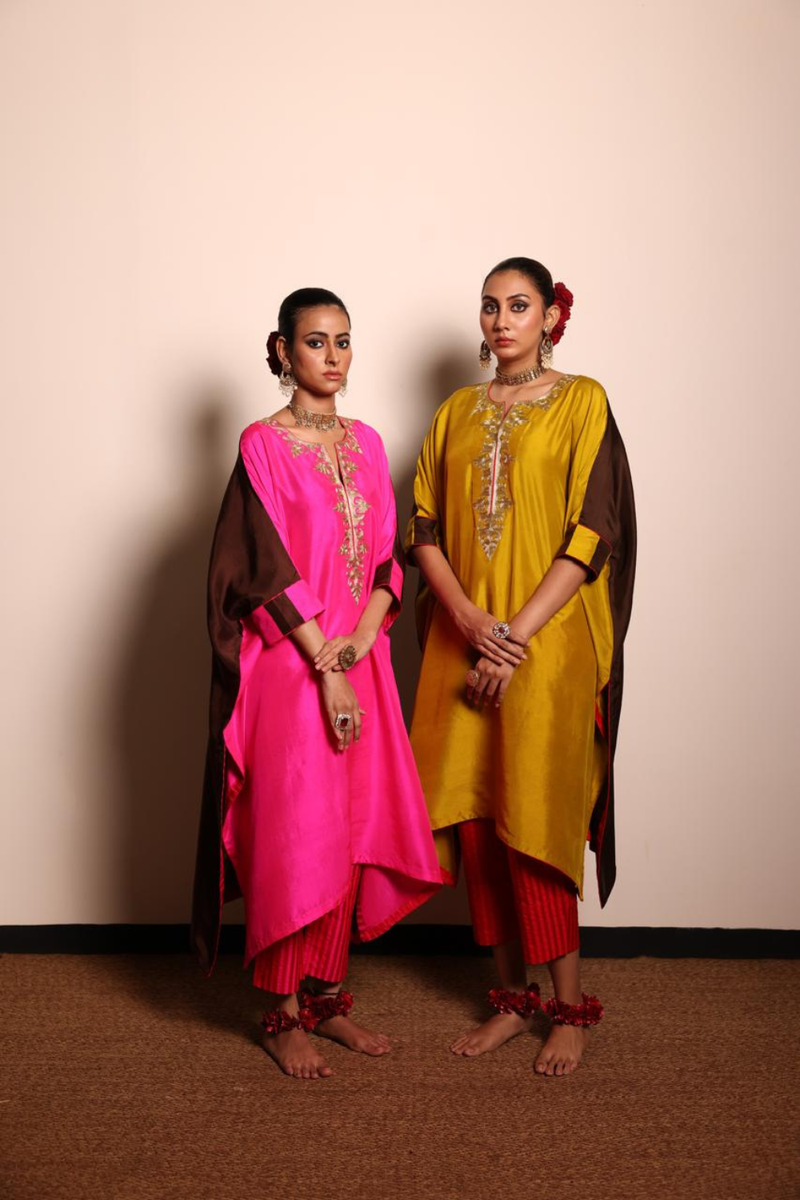 1⁄2 & 1⁄2 Silk Kurta & Striped Silk Pant-Brown