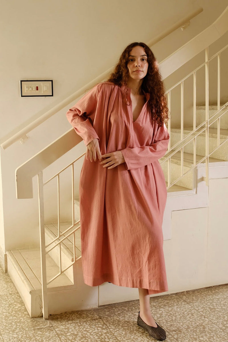 Camille-Peony Dress handwoven cotton dress by MASON AND MILL in pink for women in Singapore