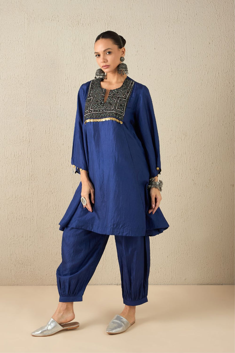 AFGHANI SILK SET - Navy Blue silk by Aavidi in yellow color for women in Singapore
