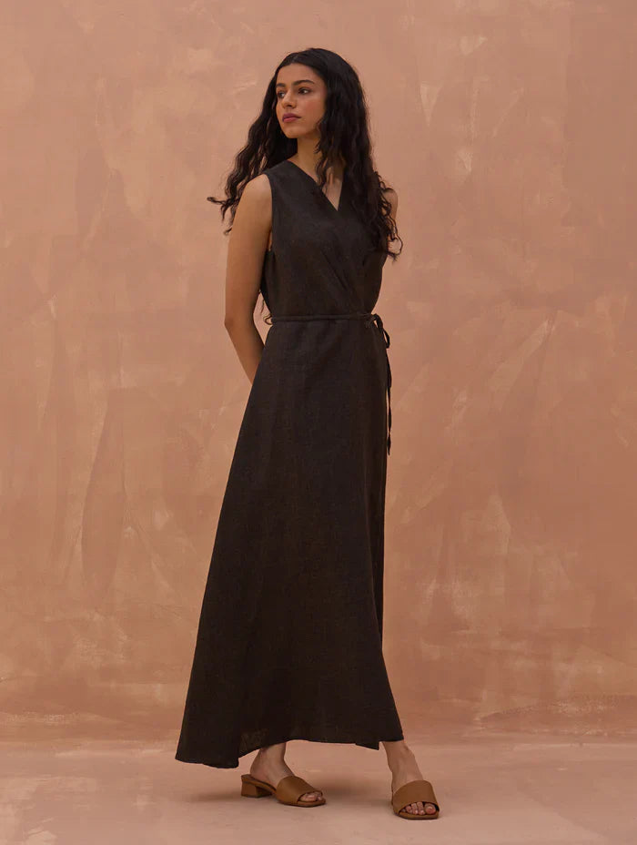 Maya Linen Wrap Dress - Charcoal linen by Manan in charcoal color for women in Singapore