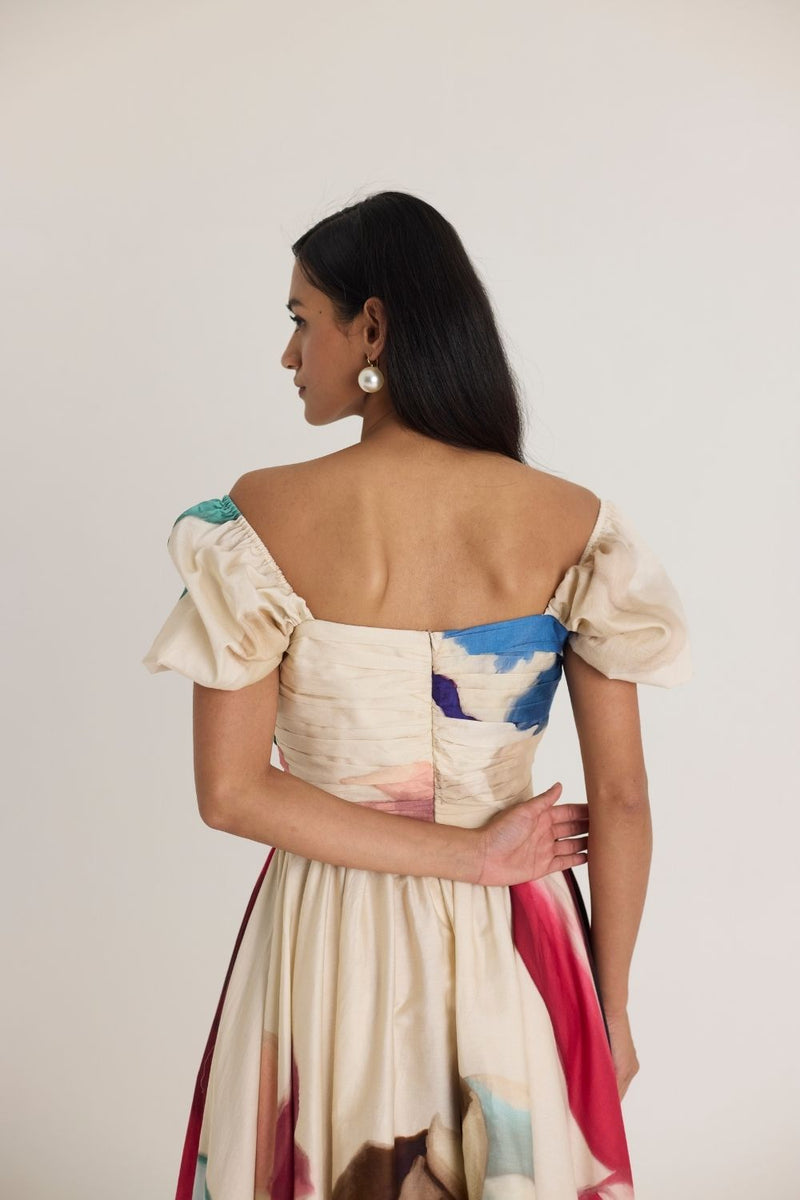 LILA PUFF SLEEVE DRESS satin by Yam in white color for women in Singapore