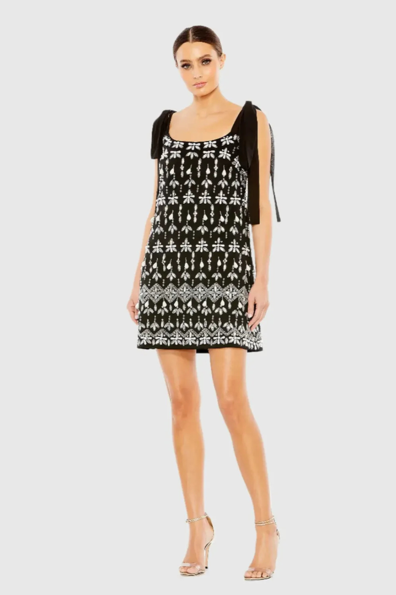 Black Jewel Encrusted Soft Tie Sleeveless Dress by Mac Duggal in black color for women in Singapore