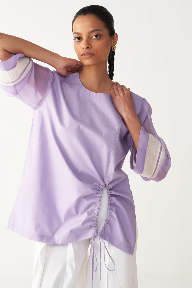 FRONT DRAWSTRING TOP -LAVENDER poplin by THREE for women in Singapore