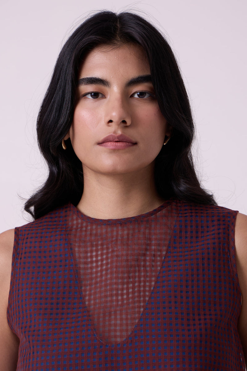 Ori Blue Checkered Handwoven Top handwoven silk cotton top/shirt by The Summer House in blue for women in Singapore