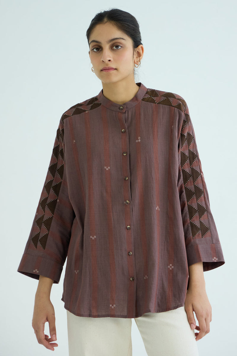 Amer Brown Handwoven Embroidered Top handwoven jamdhani cotton top/shirt by The Summer House in brown for women in Singapore