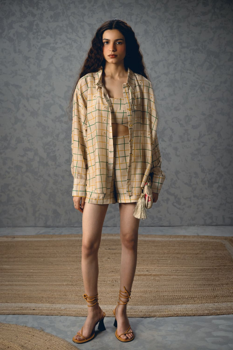 NORI SHIRT SET-IVORY silk by Paulmi & Harsh in ivory color for women in Singapore