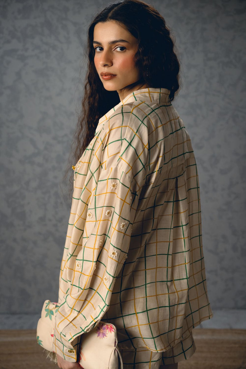 NORI SHIRT SET-IVORY silk by Paulmi & Harsh in ivory color for women in Singapore