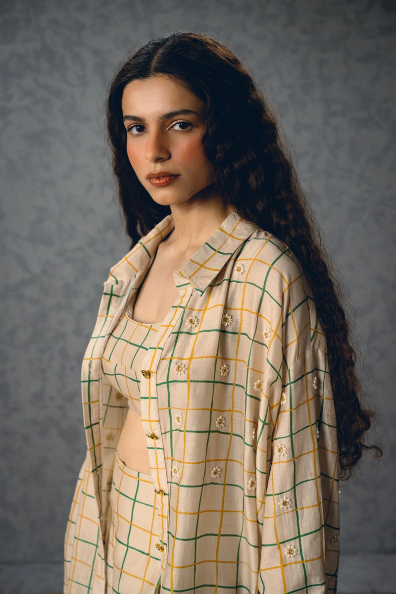 NORI SHIRT SET-IVORY silk by Paulmi & Harsh in ivory color for women in Singapore