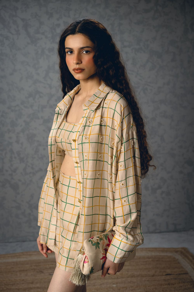 NORI SHIRT SET-IVORY silk by Paulmi & Harsh in ivory color for women in Singapore