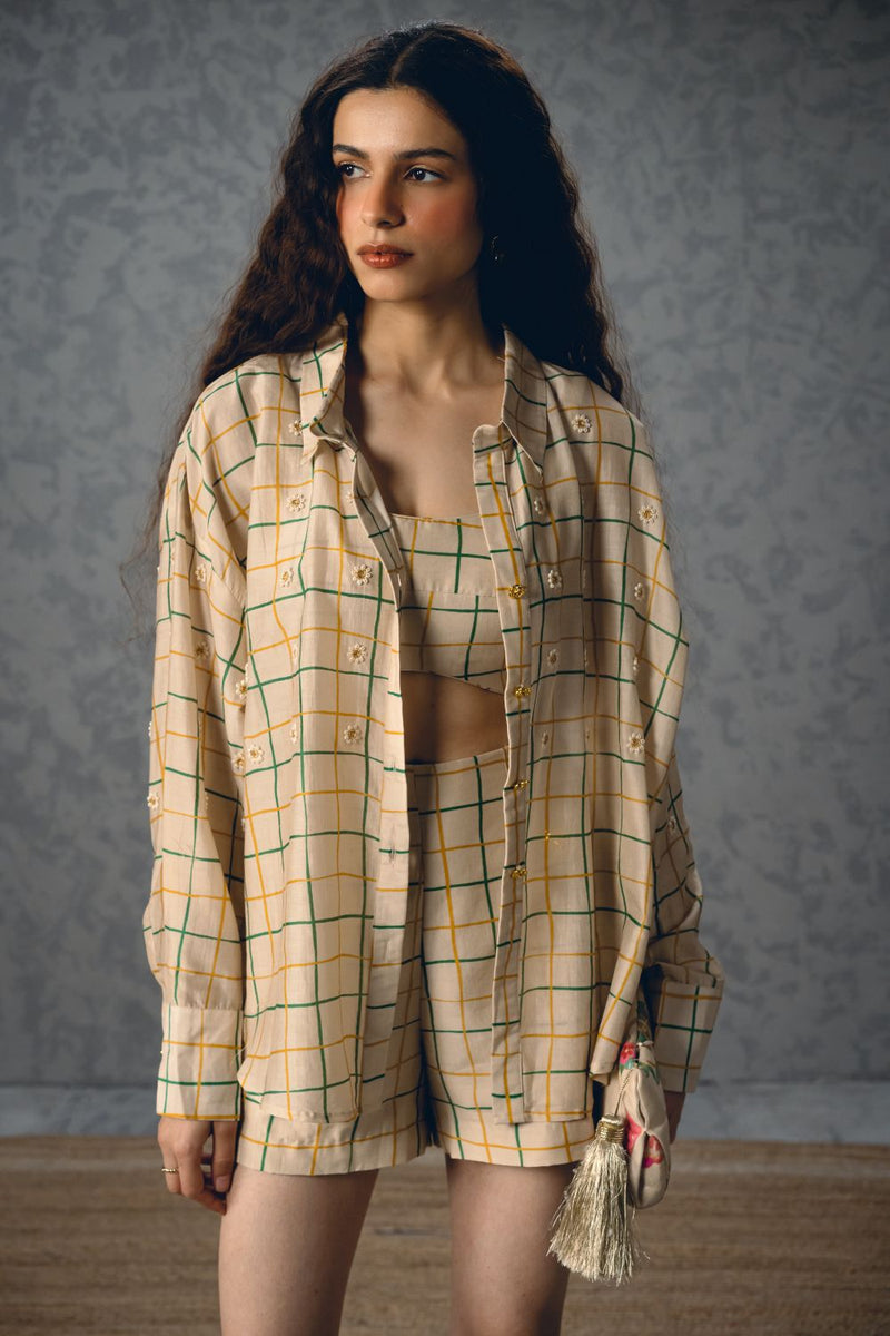 NORI SHIRT SET-IVORY silk by Paulmi & Harsh in ivory color for women in Singapore