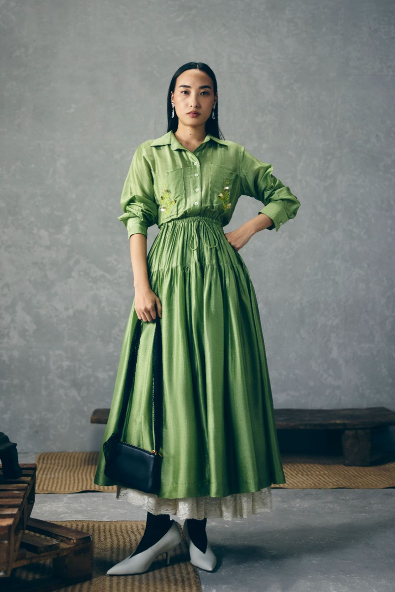 ELINA DRESS - GREEN silk by Paulmi & Harsh in green color for women in Singapore