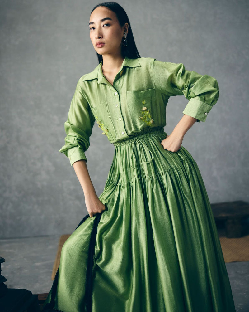 ELINA DRESS - GREEN silk by Paulmi & Harsh in green color for women in Singapore