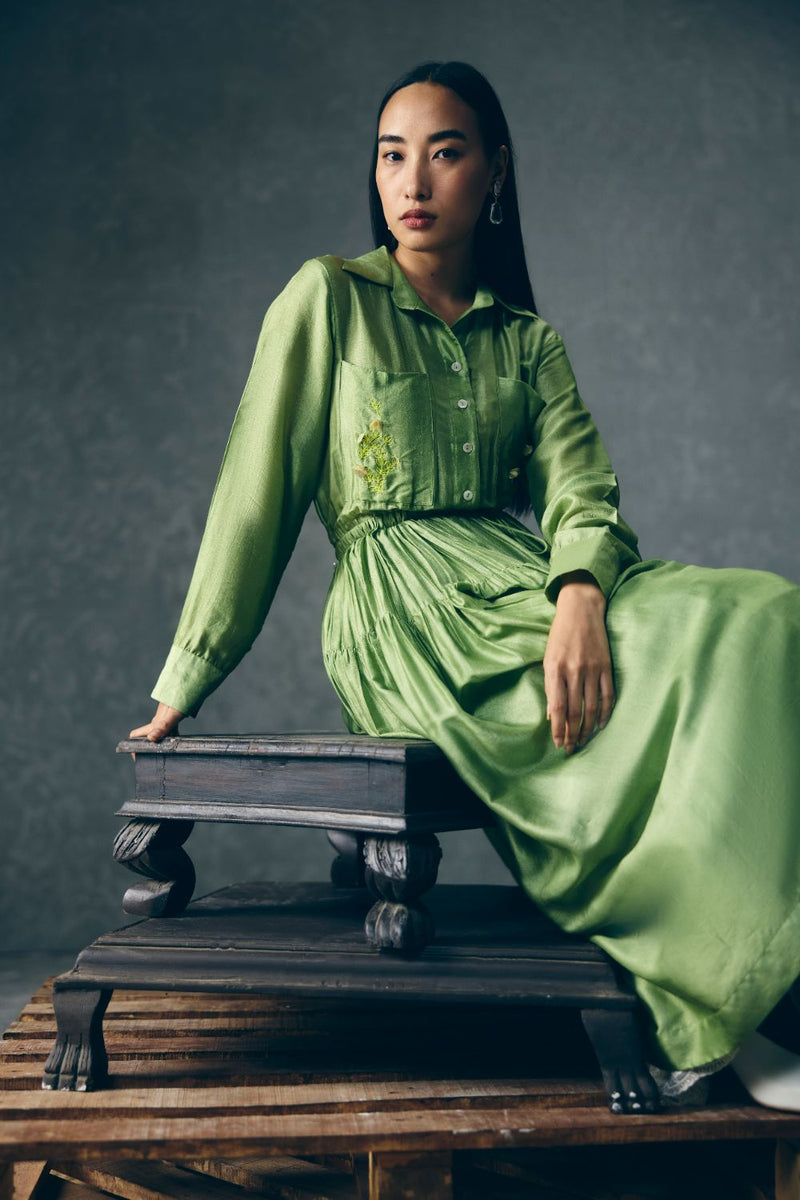 ELINA DRESS - GREEN silk by Paulmi & Harsh in green color for women in Singapore
