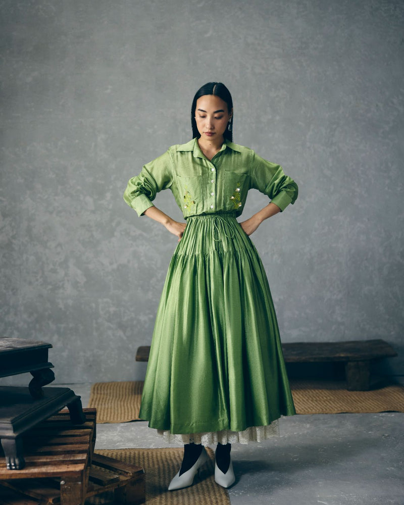 ELINA DRESS - GREEN silk by Paulmi & Harsh in green color for women in Singapore