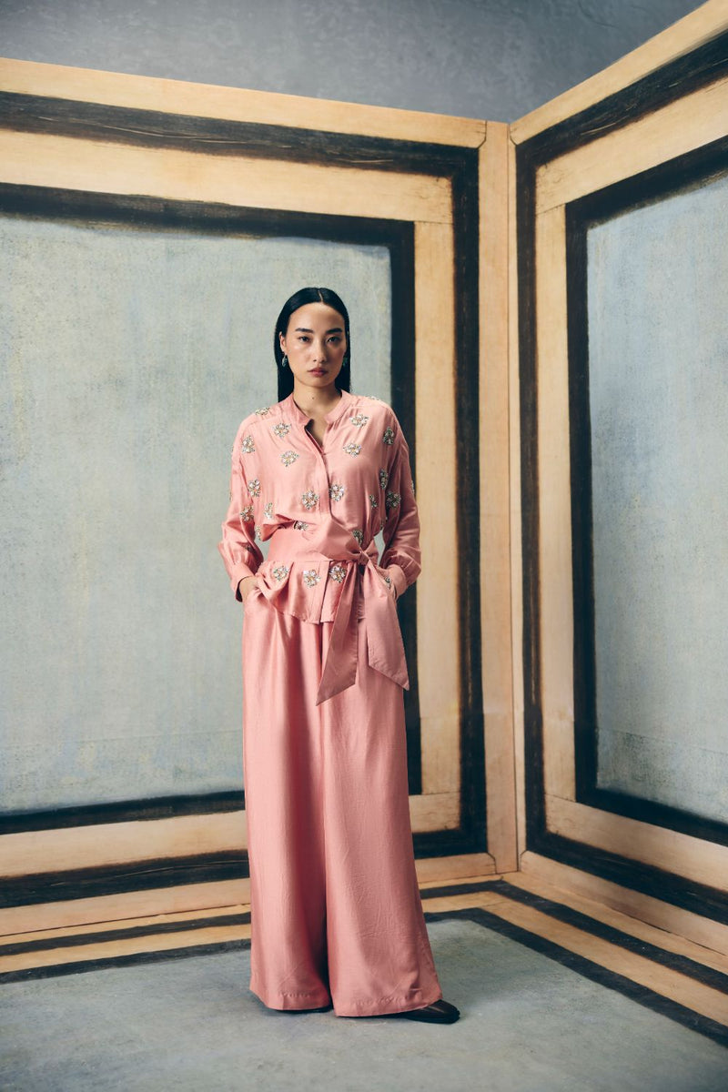 AIMI SHIRT SET silk by Paulmi & Harsh in pink color for women in Singapore