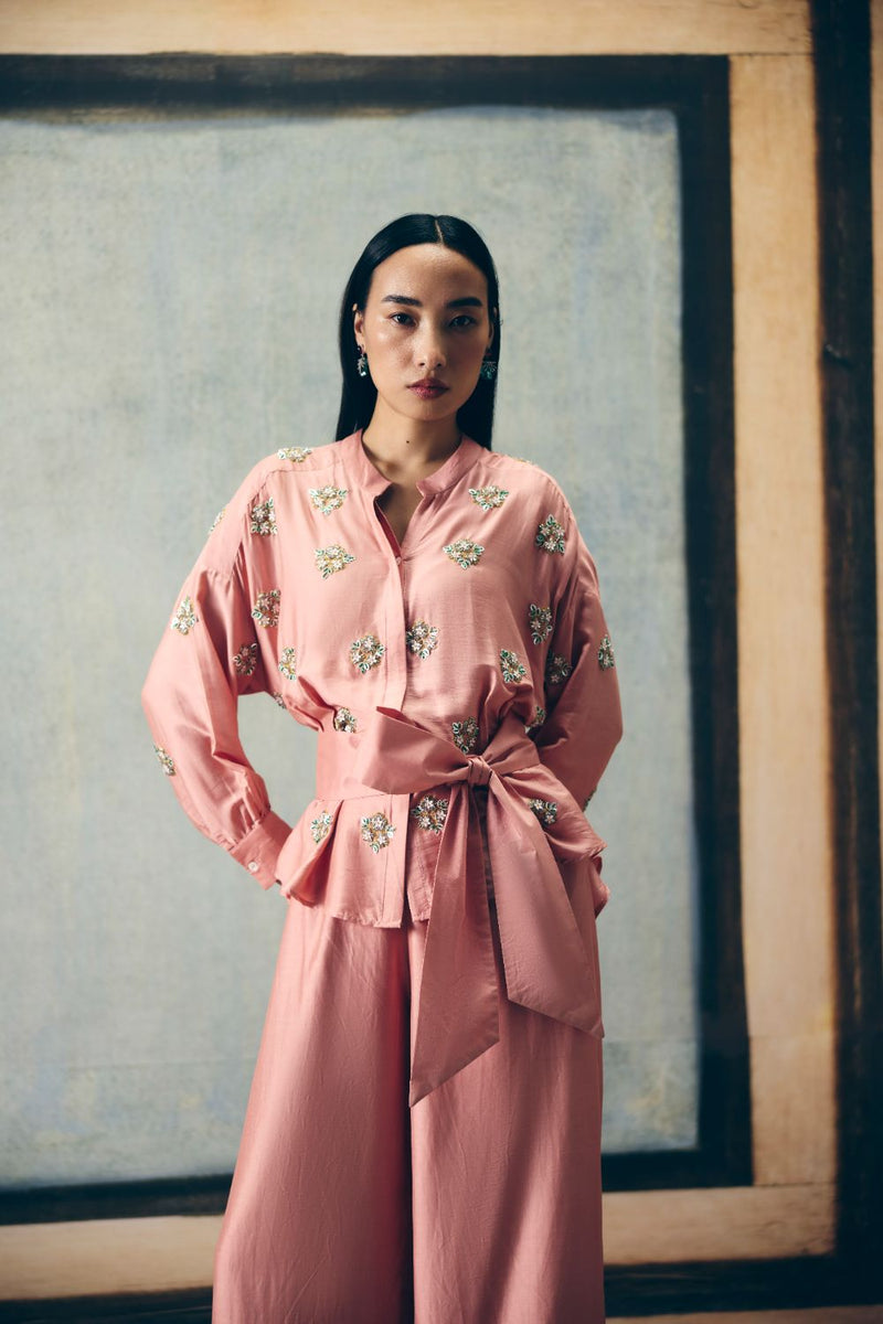 AIMI SHIRT SET silk by Paulmi & Harsh in pink color for women in Singapore