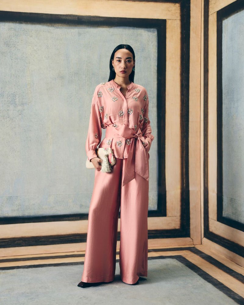 AIMI SHIRT SET silk by Paulmi & Harsh in pink color for women in Singapore