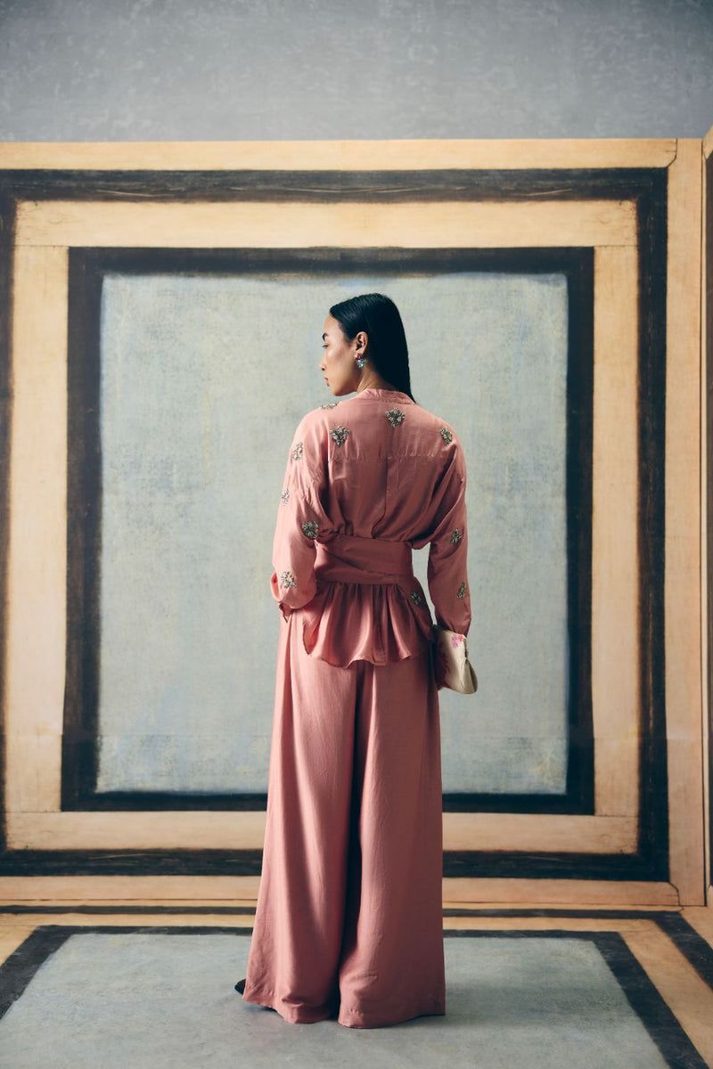 AIMI SHIRT SET silk by Paulmi & Harsh in pink color for women in Singapore