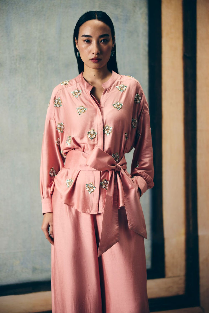AIMI SHIRT SET silk by Paulmi & Harsh in pink color for women in Singapore