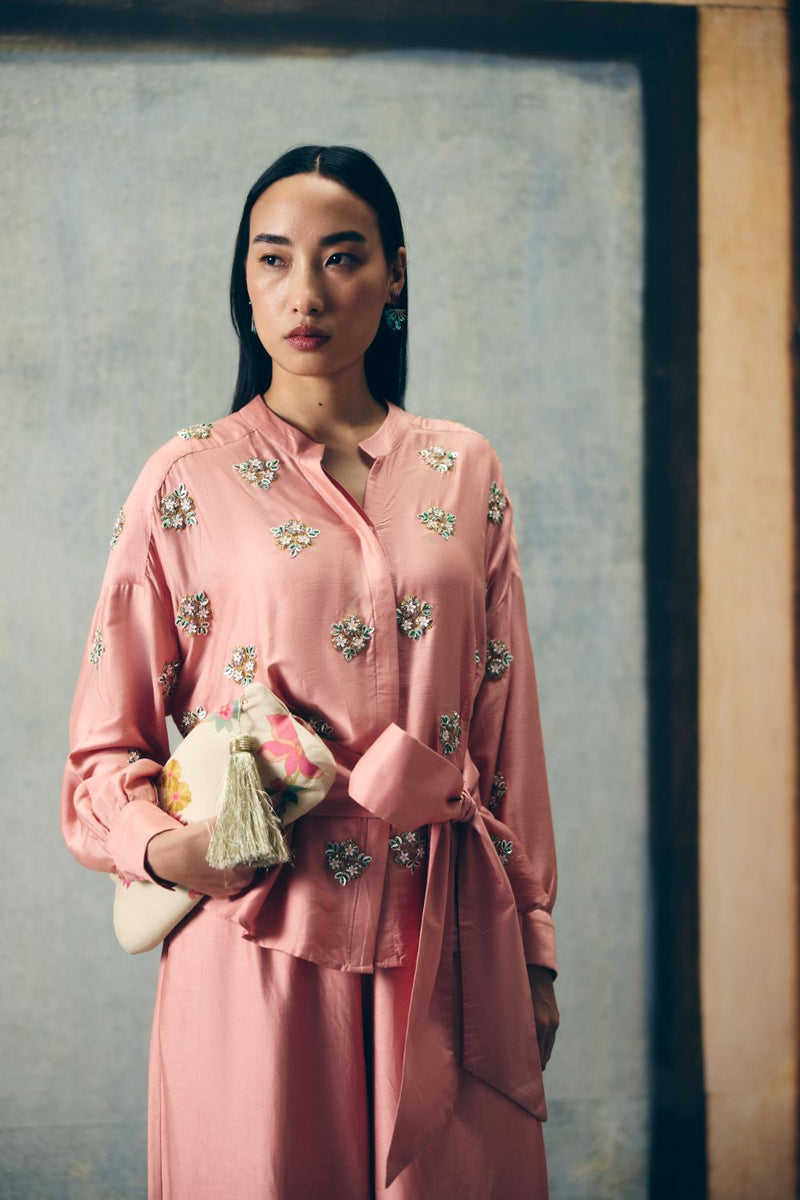 AIMI SHIRT SET silk by Paulmi & Harsh in pink color for women in Singapore