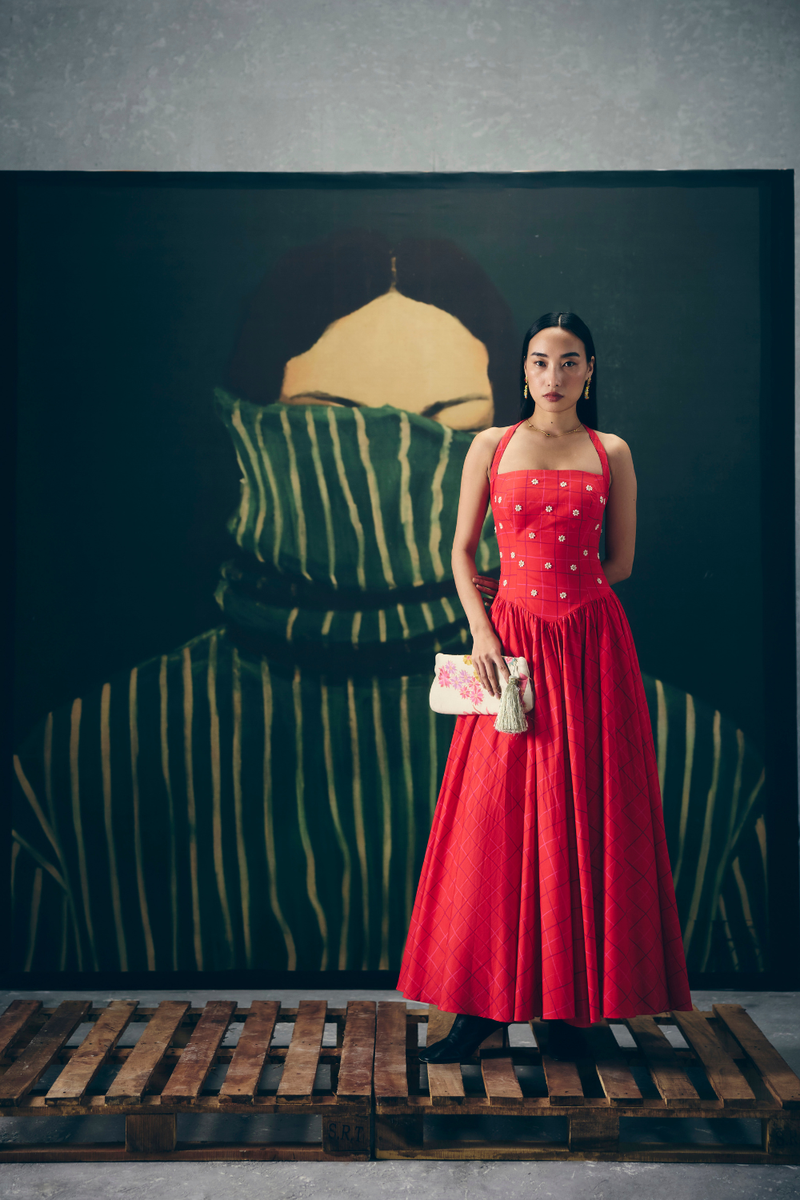 AKARI DRESS- RED poplin dress by Paulmi & Harsh in red for women Singapore
