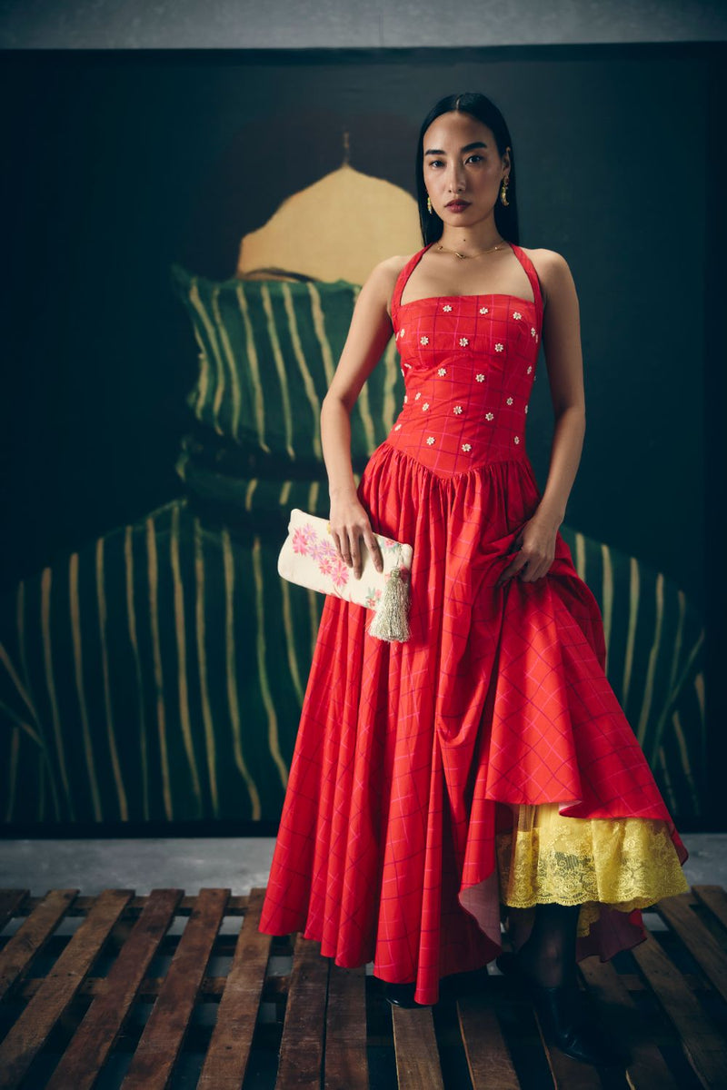 AKARI DRESS- RED poplin dress by Paulmi & Harsh in red for women Singapore