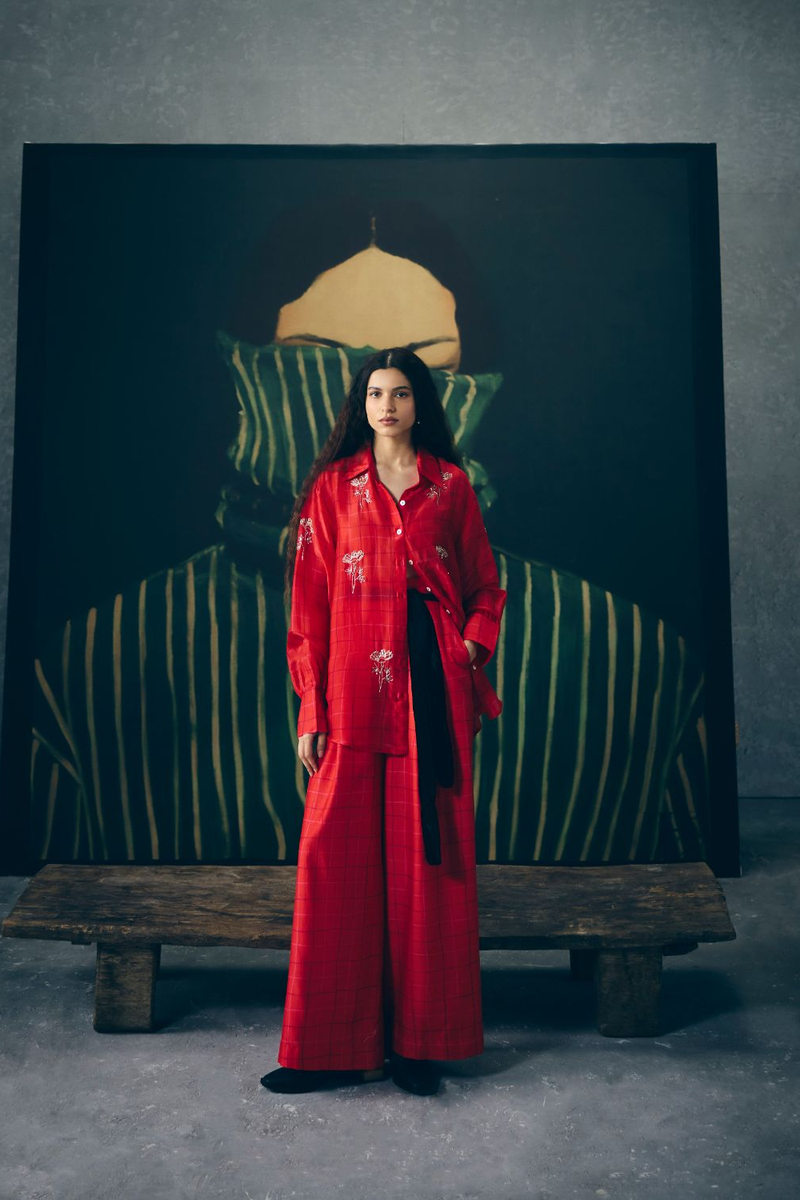 DENA SHIRT DRESS silk dress by Paulmi & Harsh in red for women Singapore