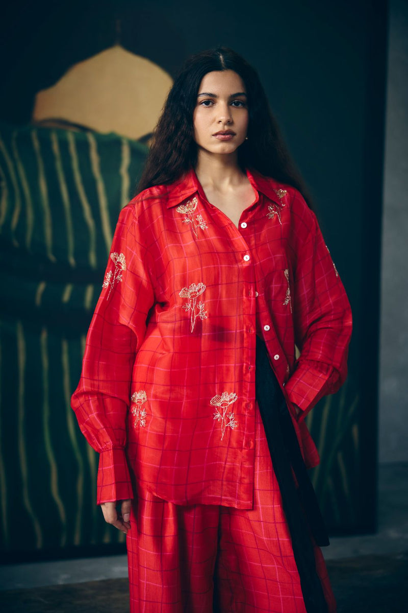 DENA SHIRT DRESS silk dress by Paulmi & Harsh in red for women Singapore