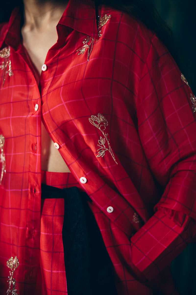 DENA SHIRT DRESS silk dress by Paulmi & Harsh in red for women Singapore