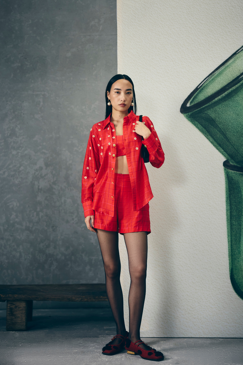 NORI SHIRT SET-RED silk by Paulmi & Harsh in red color for women in Singapore