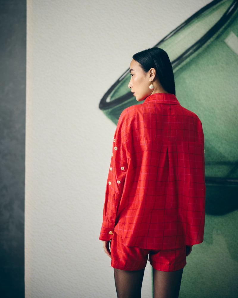 NORI SHIRT SET-RED silk by Paulmi & Harsh in red color for women in Singapore