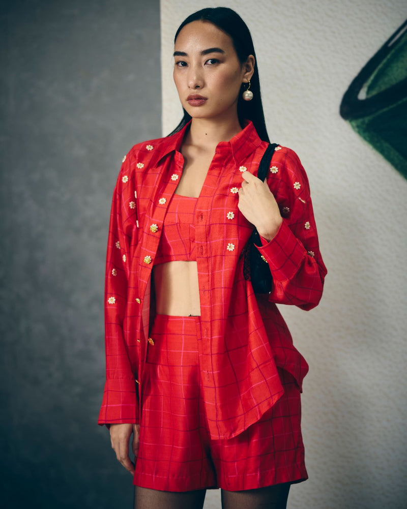 NORI SHIRT SET-RED silk by Paulmi & Harsh in red color for women in Singapore