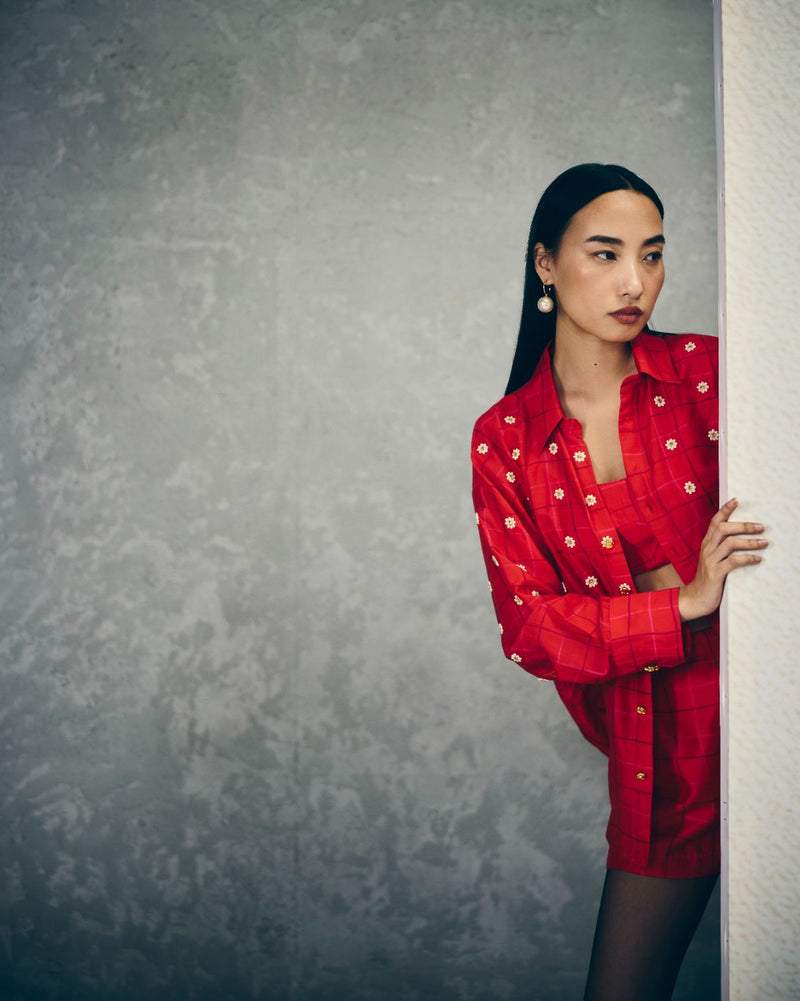 NORI SHIRT SET-RED silk by Paulmi & Harsh in red color for women in Singapore