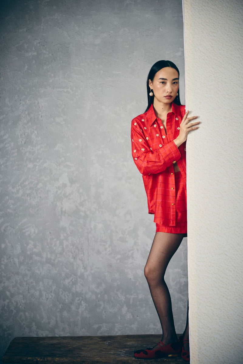 NORI SHIRT SET-RED silk by Paulmi & Harsh in red color for women in Singapore