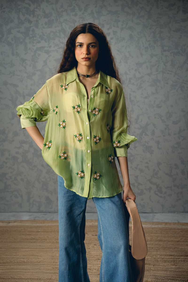 ROMY SHIRT organza by Paulmi & Harsh in green color for women in Singapore