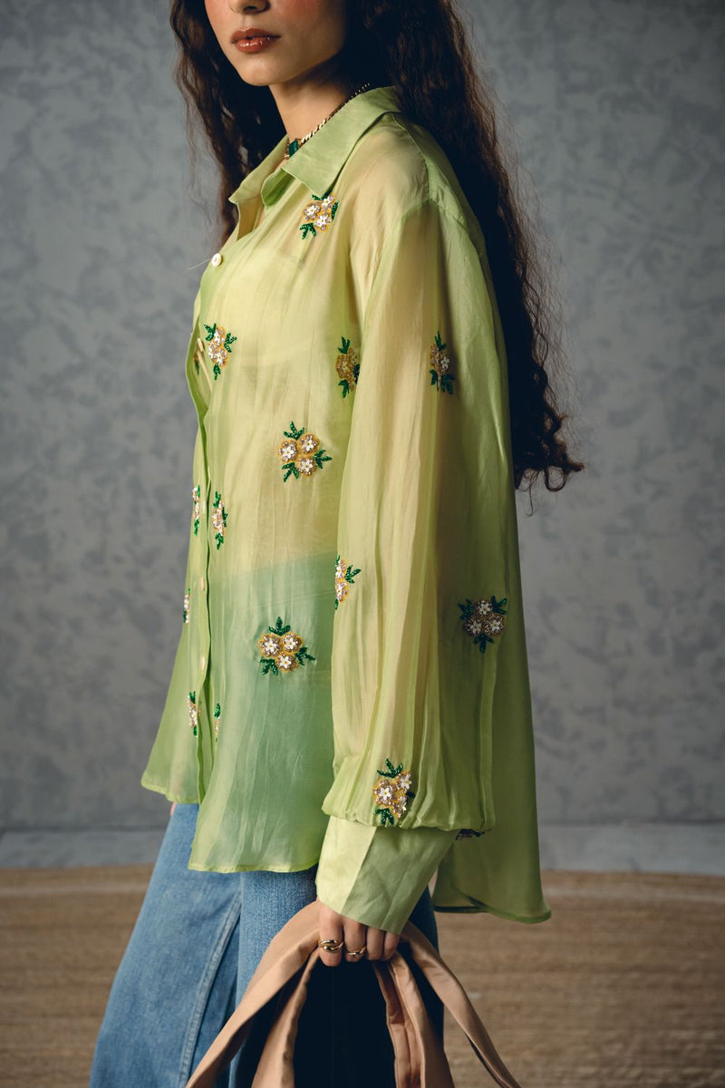 ROMY SHIRT organza by Paulmi & Harsh in green color for women in Singapore