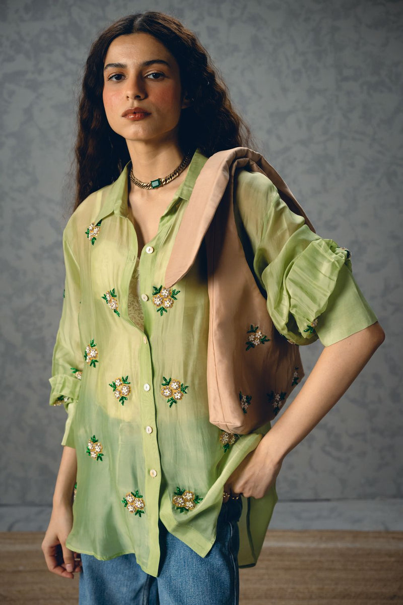 ROMY SHIRT organza by Paulmi & Harsh in green color for women in Singapore