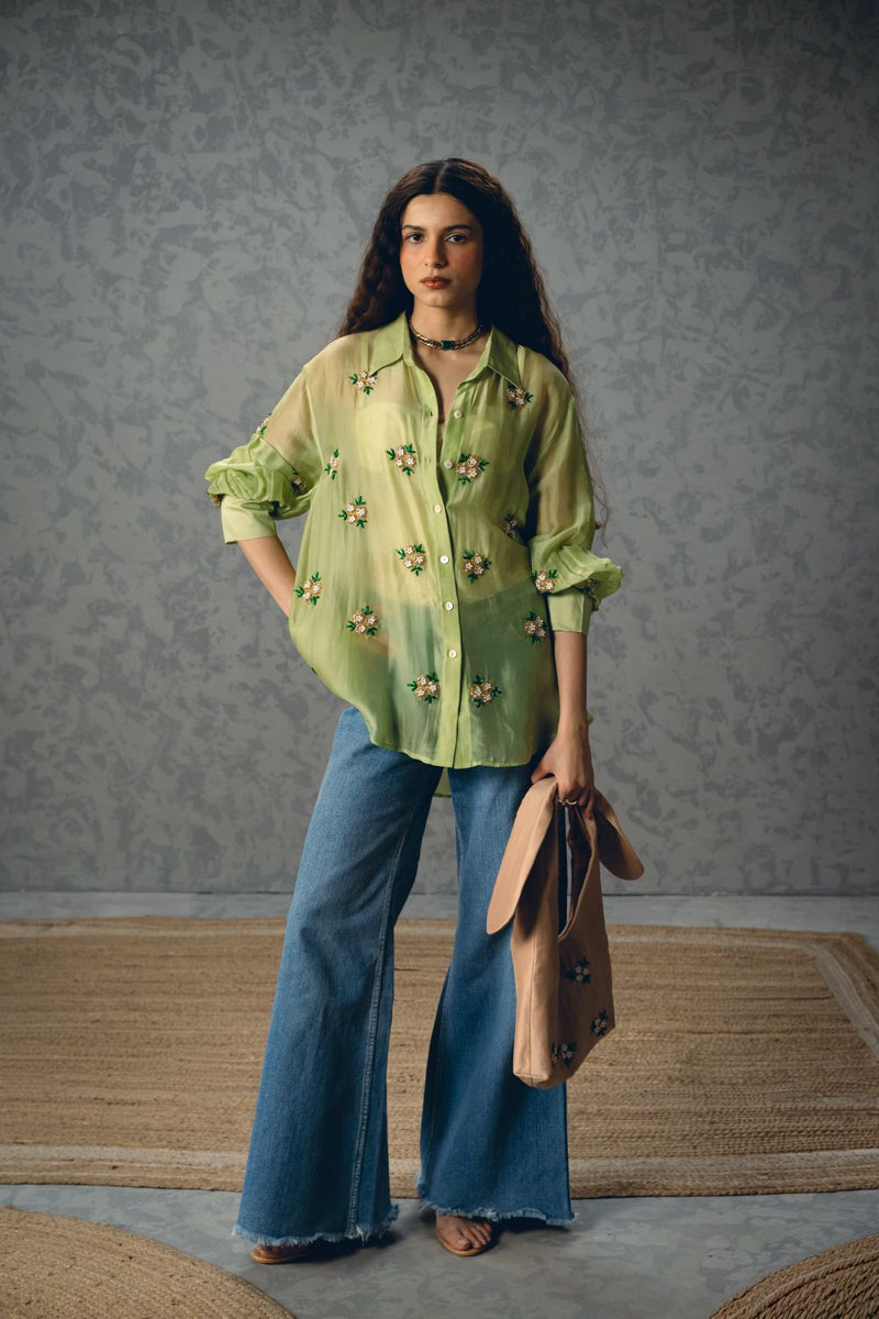 ROMY SHIRT organza by Paulmi & Harsh in green color for women in Singapore