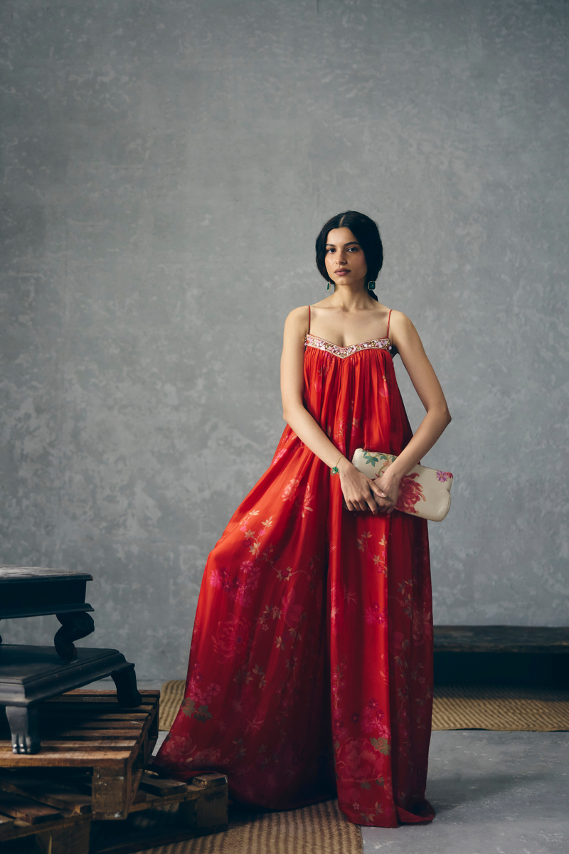 YUME JUMPSUIT SET
-RED organza by Paulmi & Harsh in red color for women in Singapore