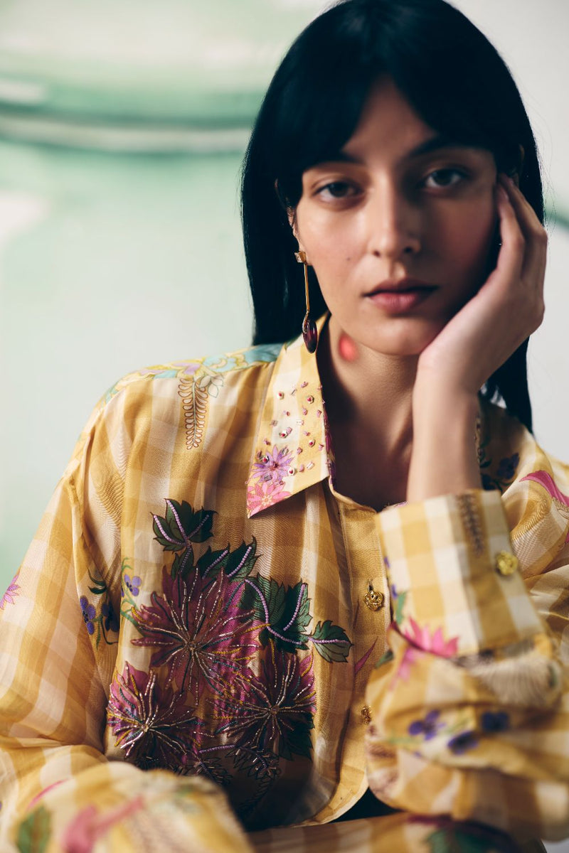 YUKI SHIRT SET organza by Paulmi & Harsh in yellow color for women in Singapore