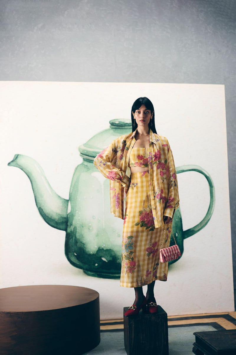 YUKI SHIRT SET organza by Paulmi & Harsh in yellow color for women in Singapore