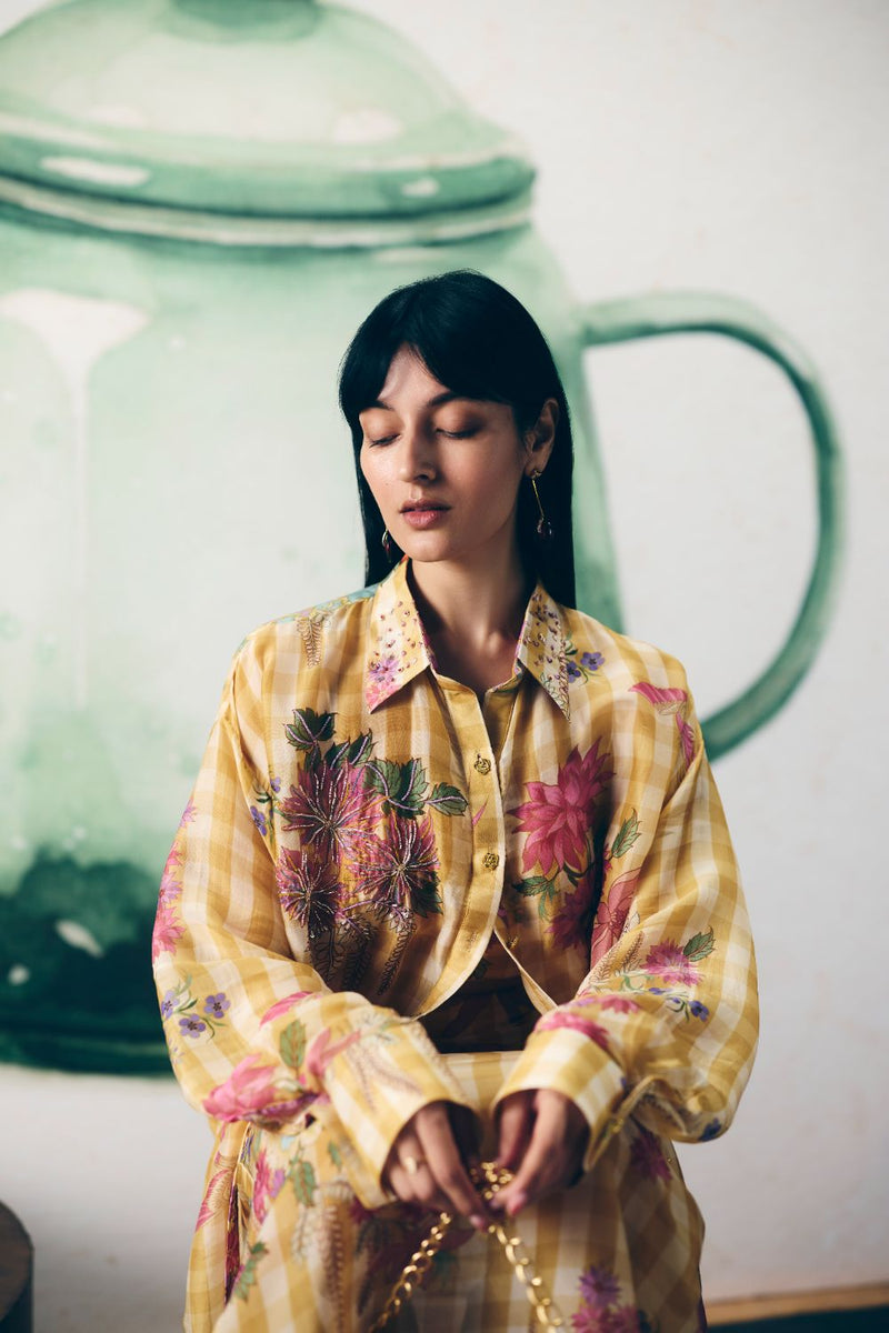 YUKI SHIRT SET organza by Paulmi & Harsh in yellow color for women in Singapore