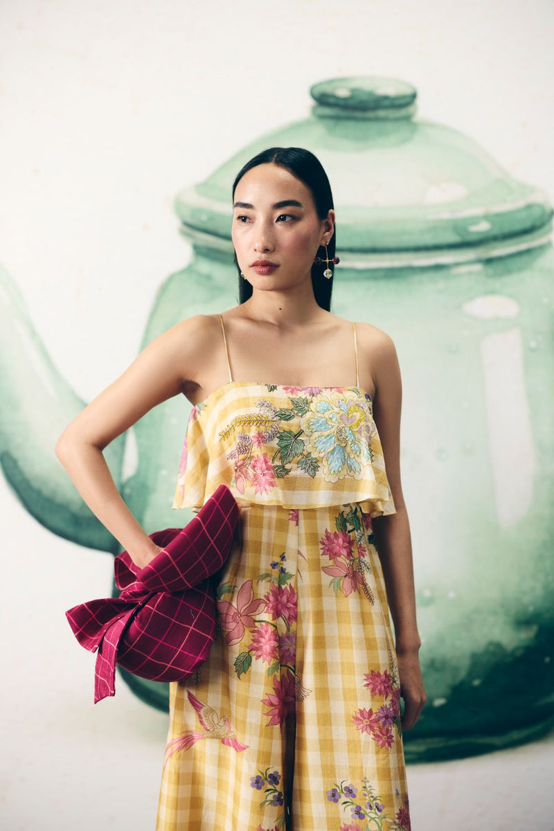 HIMARI JUMPSUIT silk by Paulmi & Harsh in yellow color for women in Singapore