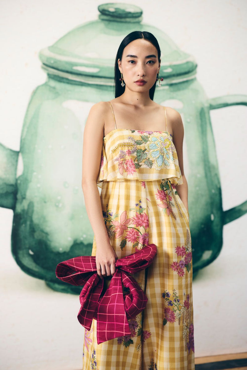 HIMARI JUMPSUIT silk by Paulmi & Harsh in yellow color for women in Singapore