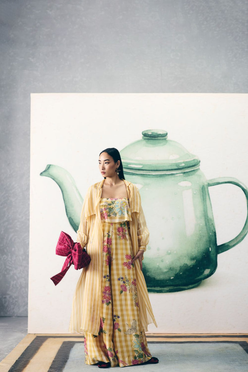 HIMARI JUMPSUIT silk by Paulmi & Harsh in yellow color for women in Singapore