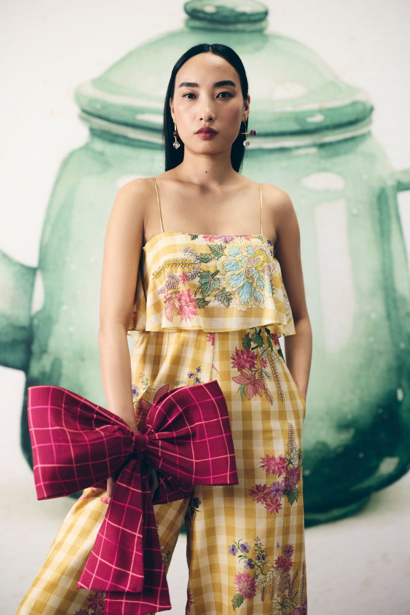 HIMARI JUMPSUIT silk by Paulmi & Harsh in yellow color for women in Singapore