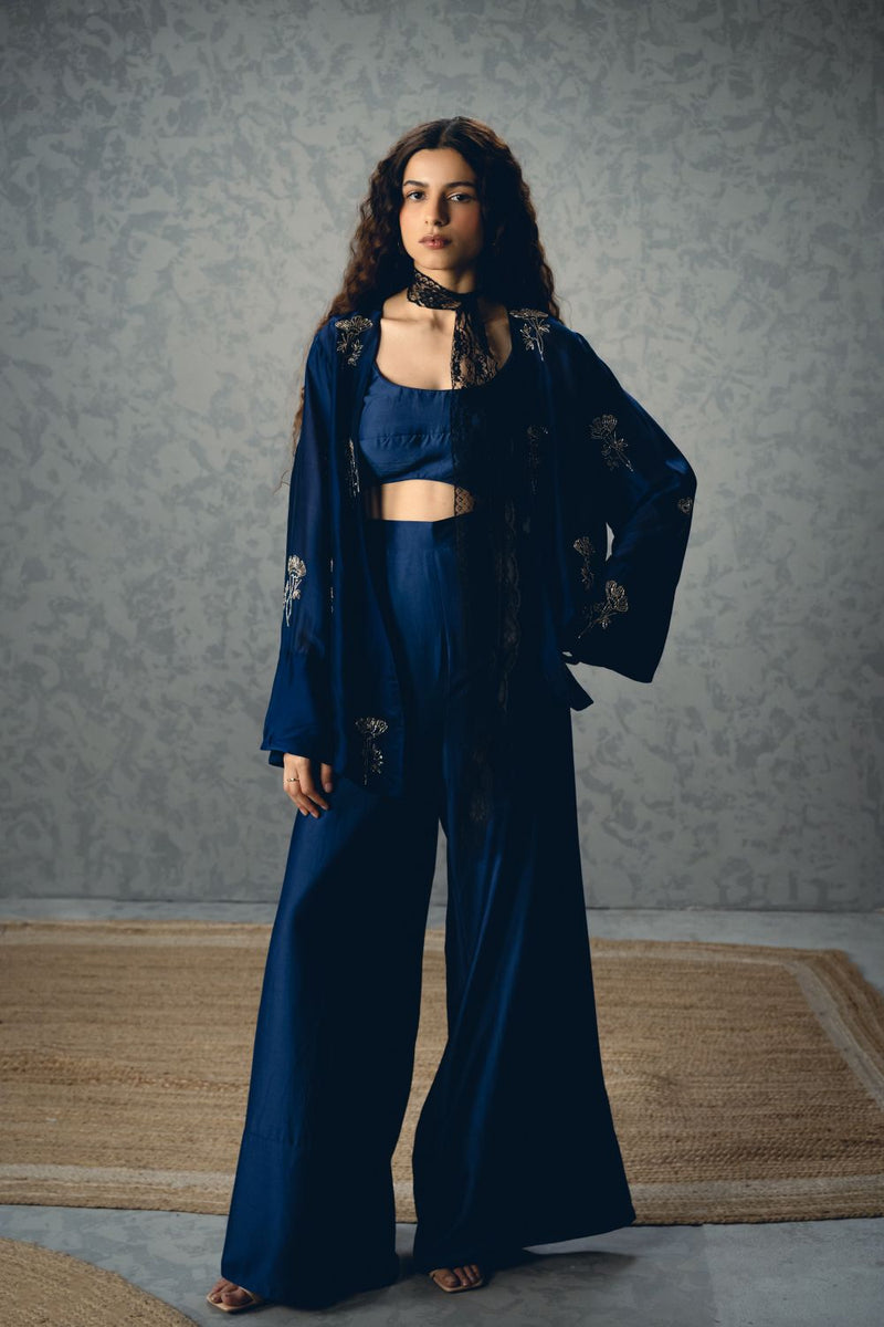 MUJO JACKET SET silk organza co-ord set by Paulmi & Harsh in navy blue for women Singapore
