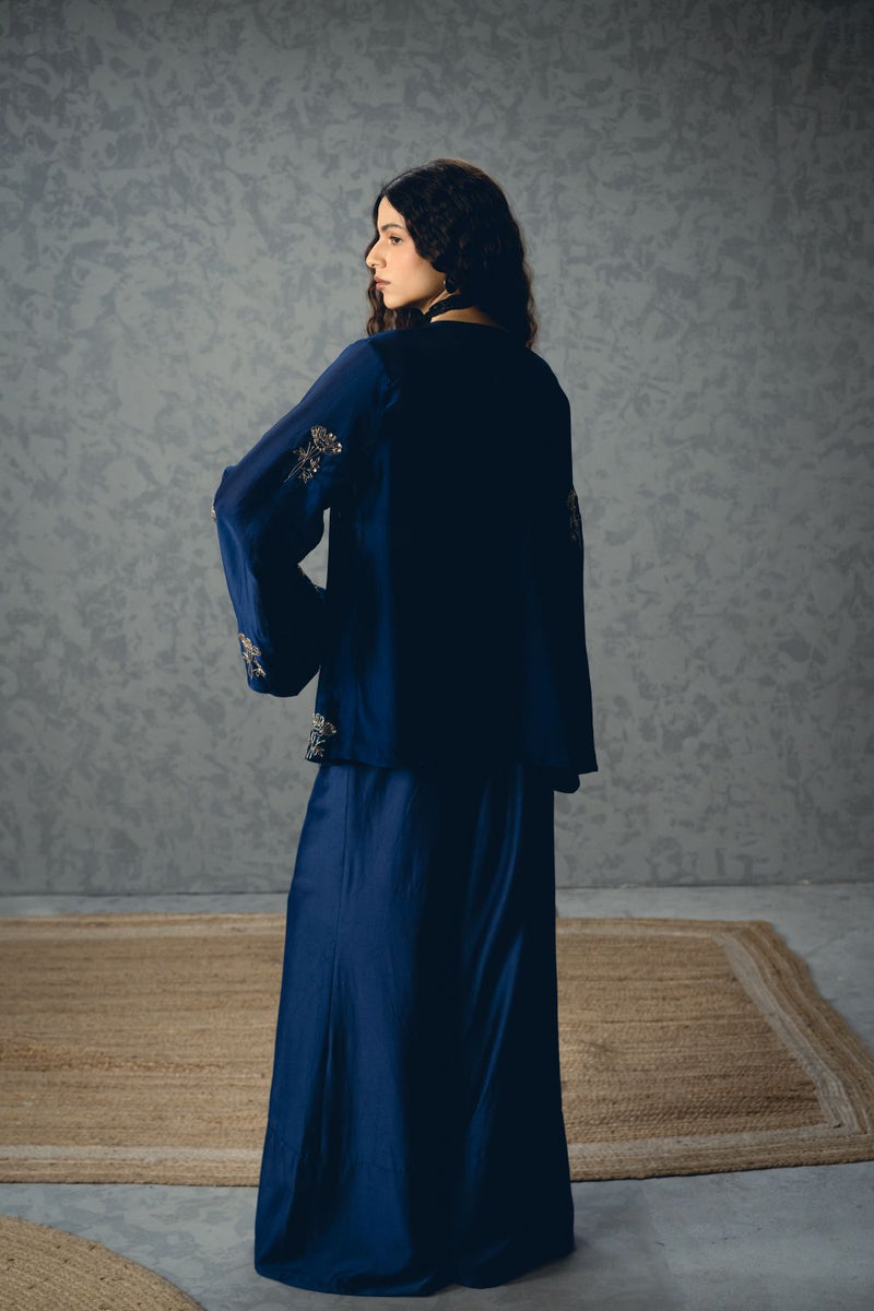 MUJO JACKET SET silk organza co-ord set by Paulmi & Harsh in navy blue for women Singapore