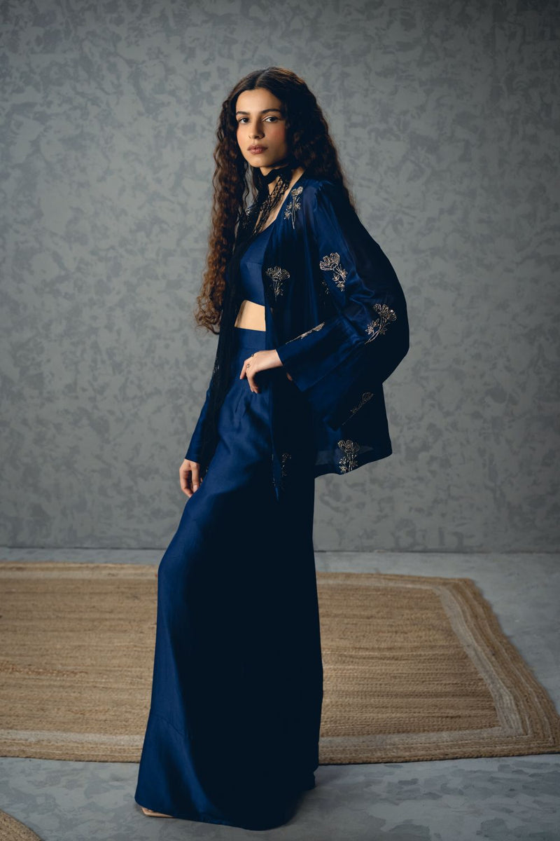 MUJO JACKET SET silk organza co-ord set by Paulmi & Harsh in navy blue for women Singapore
